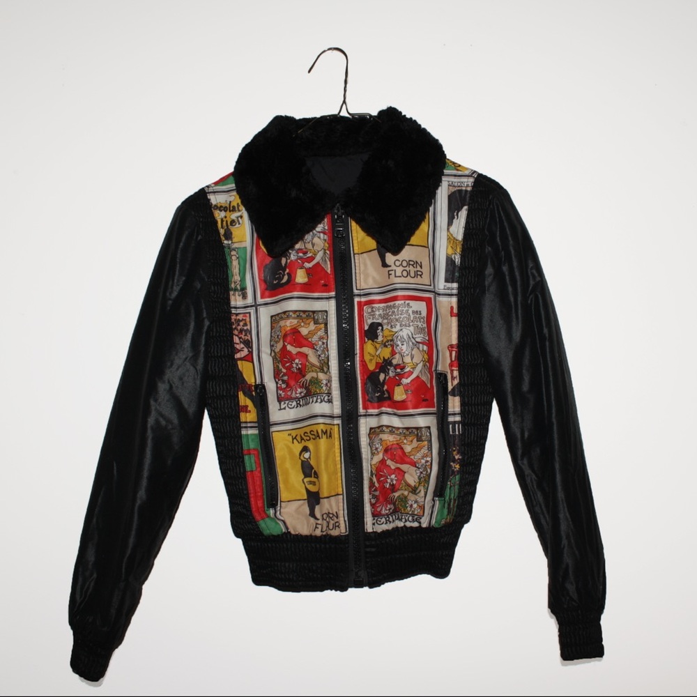 Vintage art print bomber fur collared jacket